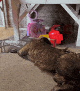 a dog laying under a table next to a pink toy car