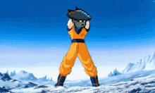 a pixel art drawing of a person in a yellow jumpsuit