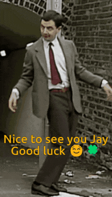 a man in a suit and tie is dancing in front of a brick wall with the text nice to see you jay good luck