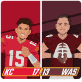 an illustration of two football players with the words kc 17 13 was in the upper right corner