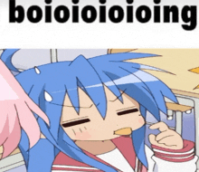 a cartoon girl with blue hair and the words boioioioioing on the bottom