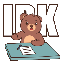 a brown teddy bear sits at a desk with a pen and a piece of paper in front of the word ipk