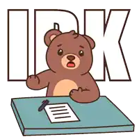 a brown teddy bear sits at a desk with a pen and a piece of paper in front of the word ipk