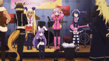 a group of anime characters standing in front of a sign that says ' hatsune miku ' on it