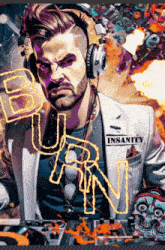 a man wearing headphones and a jacket with the word insanity on it