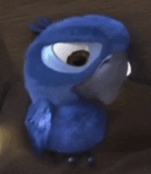 a blue stuffed parrot is sitting on a couch .