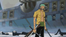 a man with a sword in his mouth stands in front of a ship