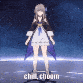 a girl in a purple dress is standing in front of a blue sky with the words chill choom below her