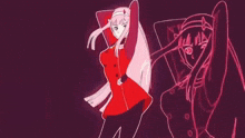 a drawing of a girl in a red dress dancing with a shadow of her behind her .
