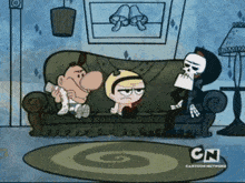 grim reaper is sitting on a couch with two other cartoon characters