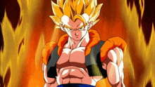 a cartoon character with yellow hair and orange sleeves stands in front of a fire background
