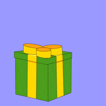 a cartoon of penguins holding presents in green and yellow striped boxes