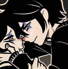 a black and white drawing of a couple kissing each other .