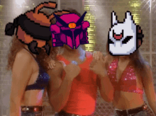 a man in a red tank top is surrounded by two women in pink tops