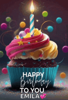 a cupcake with a lit candle and the words happy birthday to you emilia on it