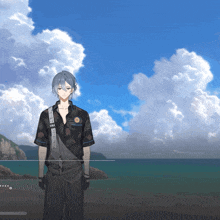 a man in a hawaiian shirt stands in front of a cloudy sky