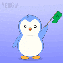 a blue and white penguin holding a green flag with the word pengu behind it