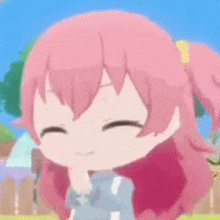 a cartoon girl with pink hair is smiling with her eyes closed and her hand on her chin .