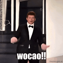 a man in a suit and bow tie says wocao !
