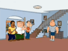 a group of cartoon characters are standing in a living room next to stairs .
