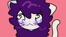 a cartoon drawing of a cat with purple hair and white ears