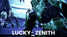 a video game character named lucky zenith is standing in front of a purple background