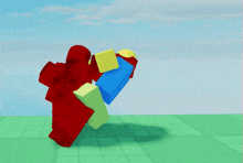 a red roblox character standing next to a blue and yellow roblox character