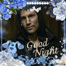 a picture of a man in a hooded jacket with the words good night written on it