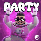 a cartoon character is wearing sunglasses and the word party is on the purple background