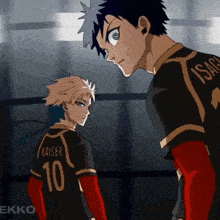 kaiser and isagi standing next to each other with kaiser wearing number 10