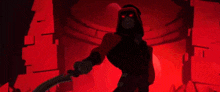 a cartoon character is holding a lightsaber in his hand in a dark room .