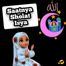 a cartoon girl praying with a sign that says saatnya shalat isya