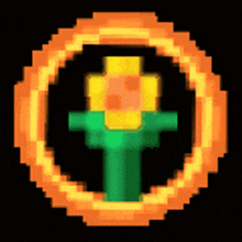 a pixel art of a flower in a circle on a black background .