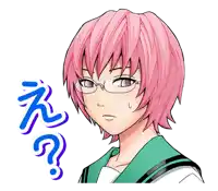 a girl with pink hair is wearing glasses and has a question mark above her head