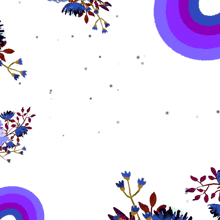 a purple square with arabic writing surrounded by blue circles and flowers