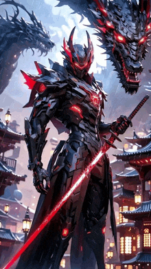 a man in armor is holding a sword in front of a dragon