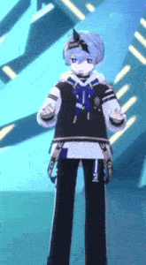 a blue haired anime character is standing in front of a blue background with a clock in the background .