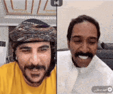 two men are having a video call and one has a mustache and the other has a turban on his head