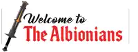 a welcome to the albionians sign with a sword