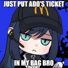 a cartoon of a girl wearing a mcdonald 's hat and a headset