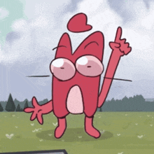 a cartoon drawing of a red cat with a heart on its head pointing up
