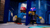 two lego characters are standing in front of a blue door