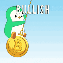 a green and white penguin is holding a gold coin with the word bullish written above it
