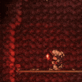 a video game character is standing in front of a wall of red skulls