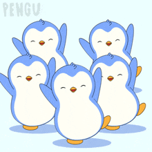 a group of blue and white penguins are dancing together with the word penguin in the background