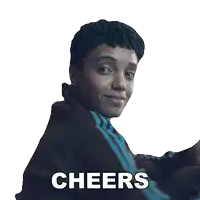 a woman in an adidas jacket is holding a bottle of beer and the word cheers is above her