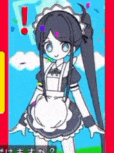 a cartoon girl in a maid outfit is standing in front of a blue sky .