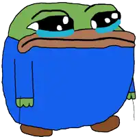 a cartoon frog with tears coming out of its eyes is wearing a blue shirt