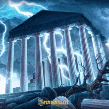 a picture of an ancient building with lightning and the word nagaslot on the bottom right