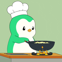 a cartoon penguin wearing a chef 's hat is cooking food